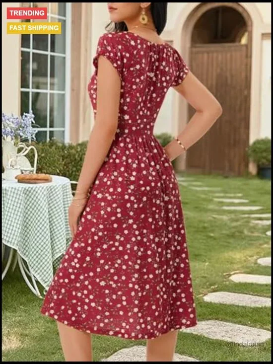 Summer Floral V Neck Puff Cap Sleeve Sundress Midi Dress with Pockets - Picture 6 of 7